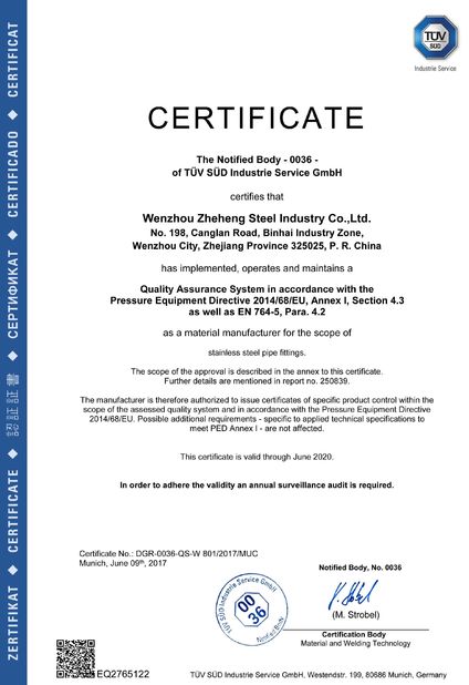 China WENZHOU ZHEHENG STEEL INDUSTRY CO;LTD Certificaciones